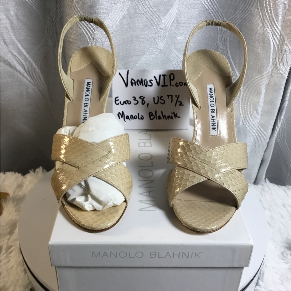 Manolo Blahnik Metallic Beige Crisscross Slingback Heels